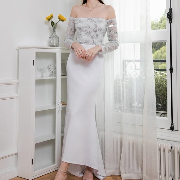 New Contrast Sequin Off Shoulder Mermaid Hem Wedding Dress - Picture 1 of 7